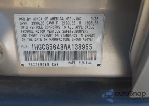 1998 Honda Accord Lx z USA, uszkodzony, nr VIN 1HGCG5648WA138955